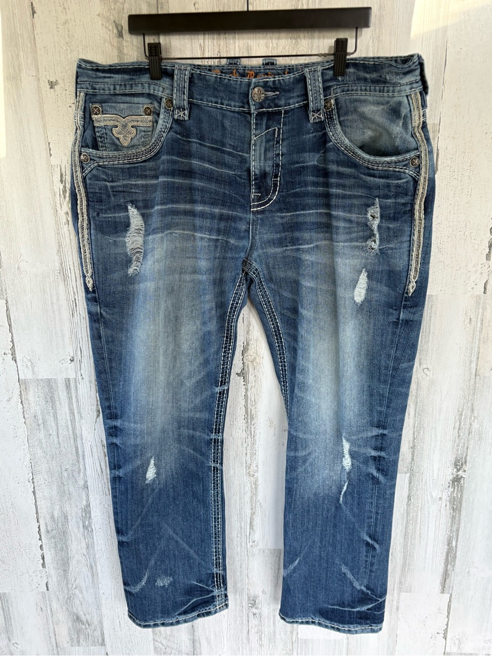 Rock Revival Men’s Size 38X29 Bridge Straight Leg Distressed Blue Denim Jeans